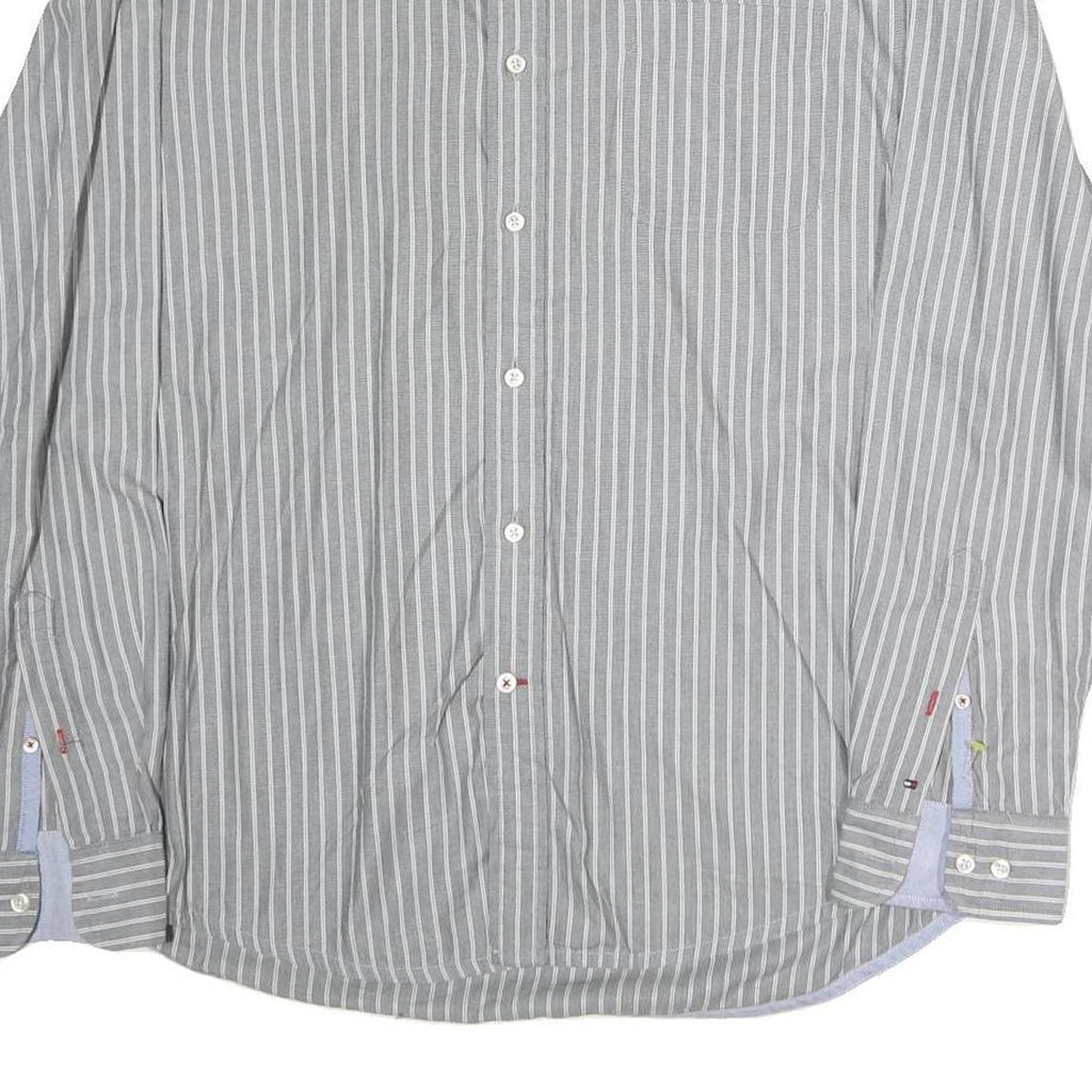 TOMMY HILFIGER Mens Grey & White Striped Shirt L Classic Fit Button Down Cotton