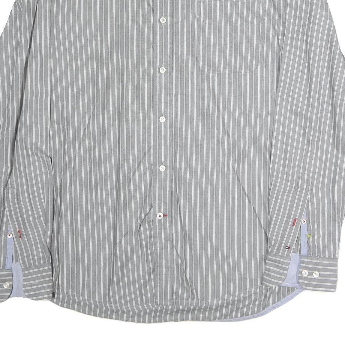 TOMMY HILFIGER Mens Grey & White Striped Shirt L Classic Fit Button Down Cotton