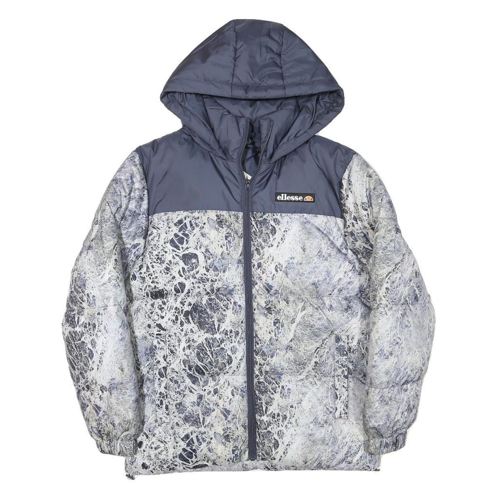 ELLESSE Womens Grey & White Marble Print Hooded Puffer Jacket XS Polyester Blend