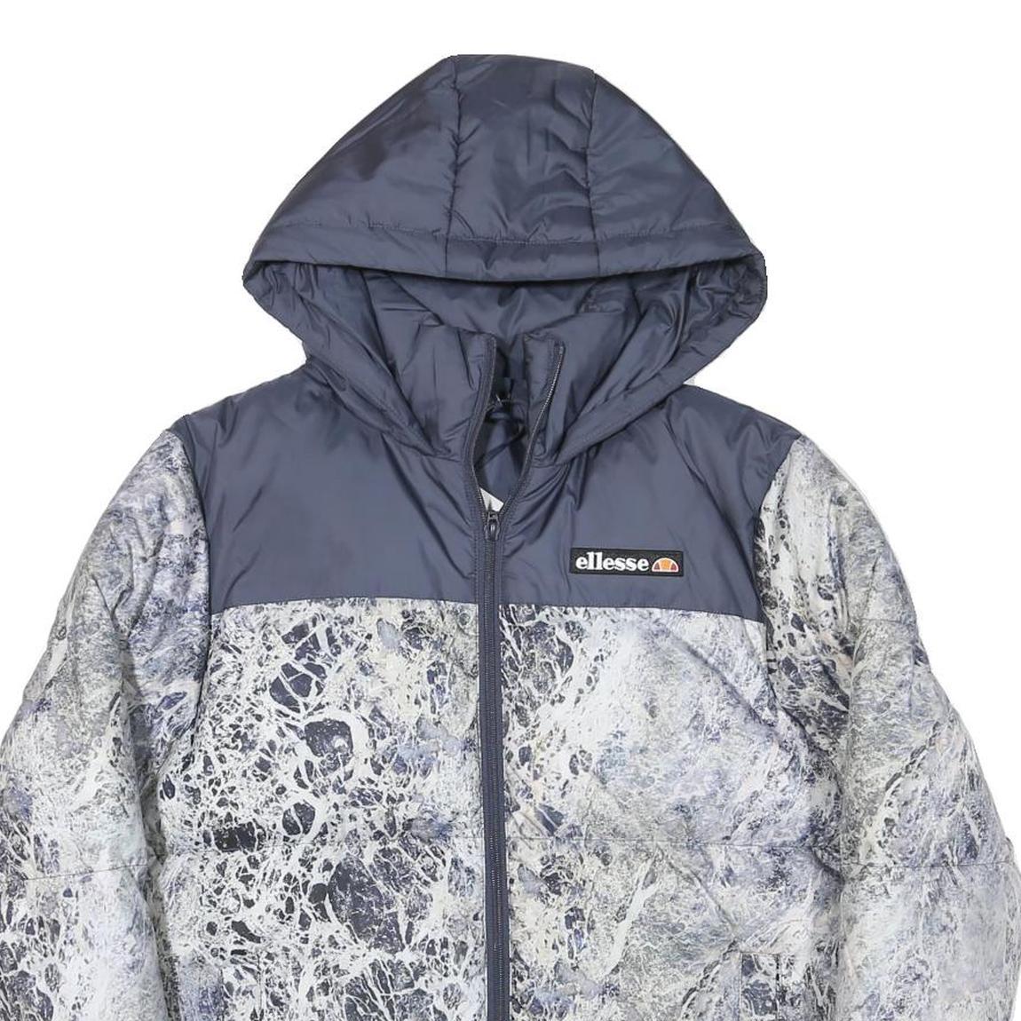 ELLESSE Womens Grey & White Marble Print Hooded Puffer Jacket XS Polyester Blend