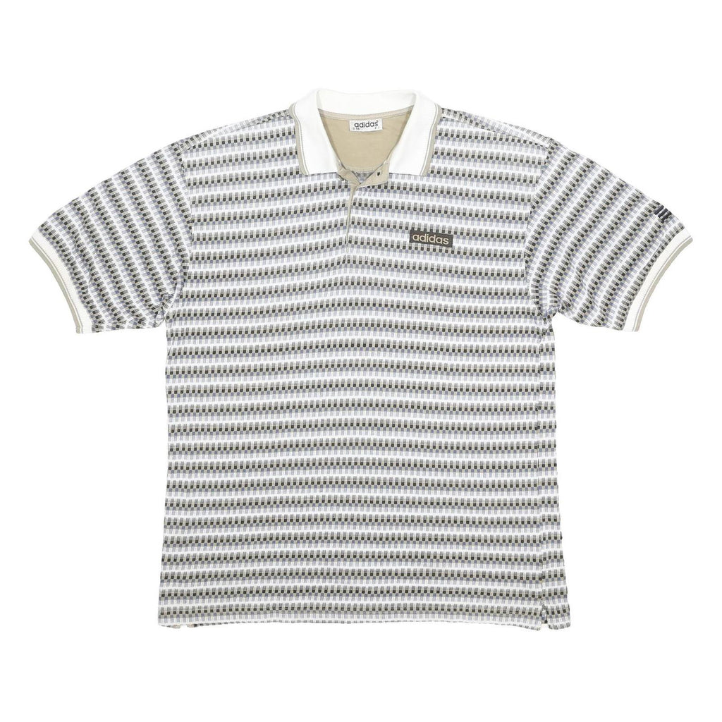 ADIDAS Mens White & Grey Polo Shirt XL Cotton Blend Striped Sports Casual