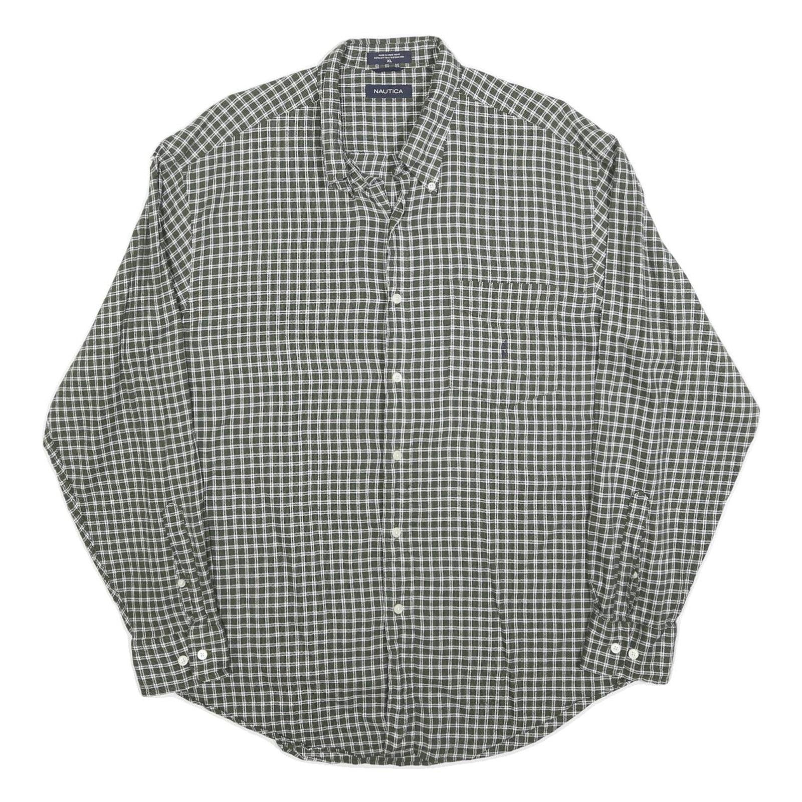 NAUTICA Mens Green & White Checked Shirt XL Casual Cotton Blend Long Sleeve
