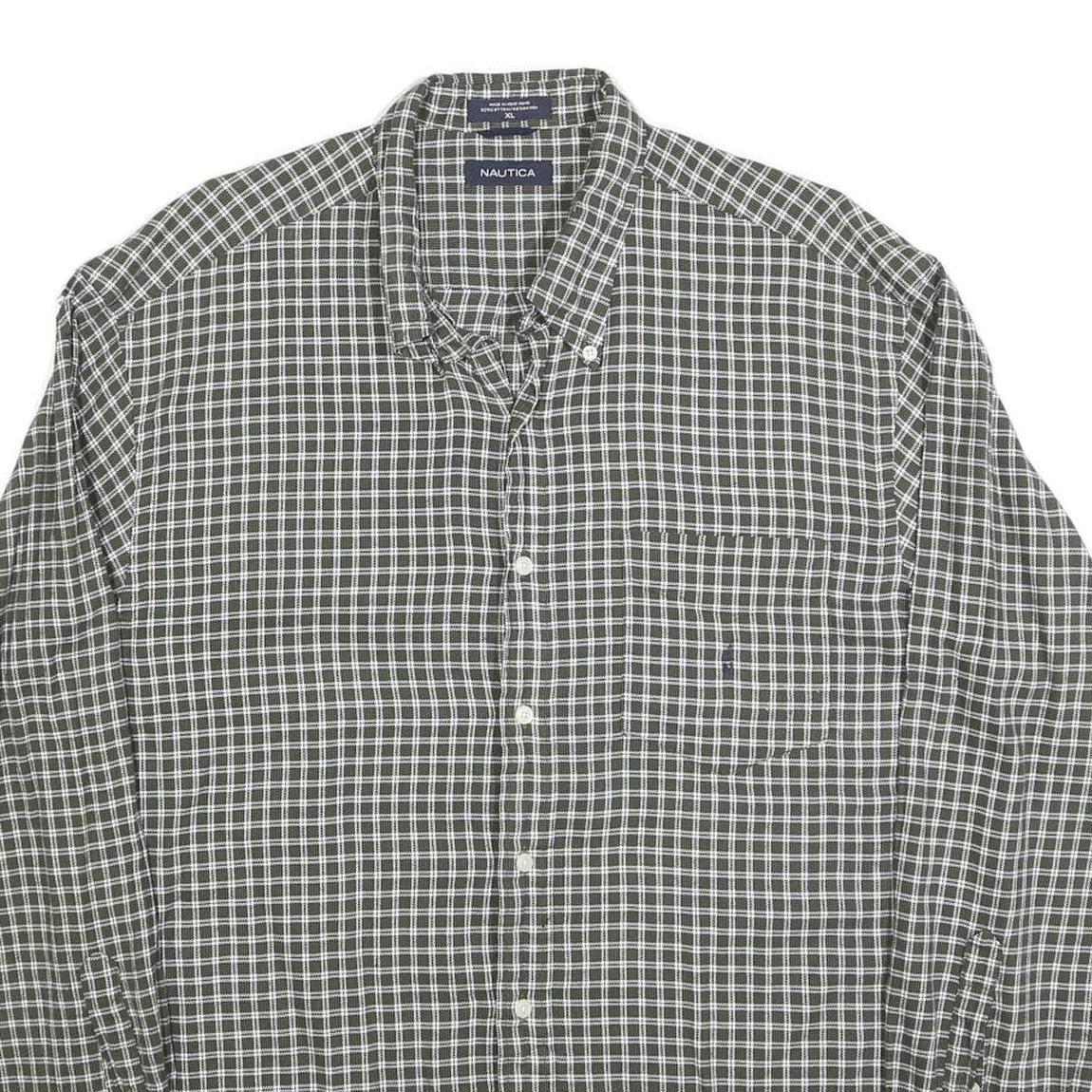 NAUTICA Mens Green & White Checked Shirt XL Casual Cotton Blend Long Sleeve