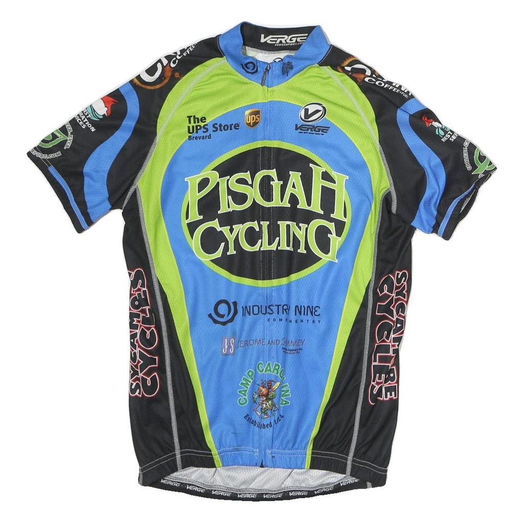 VERGE Mens Blue & Green Pisgah Cycling Graphic T-Shirt M Short Sleeve Zip Neck