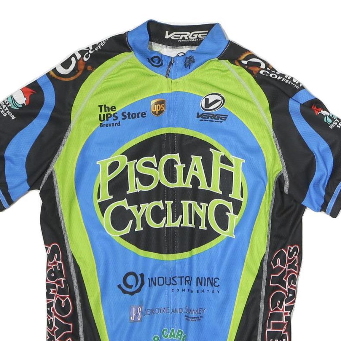 VERGE Mens Blue & Green Pisgah Cycling Graphic T-Shirt M Short Sleeve Zip Neck
