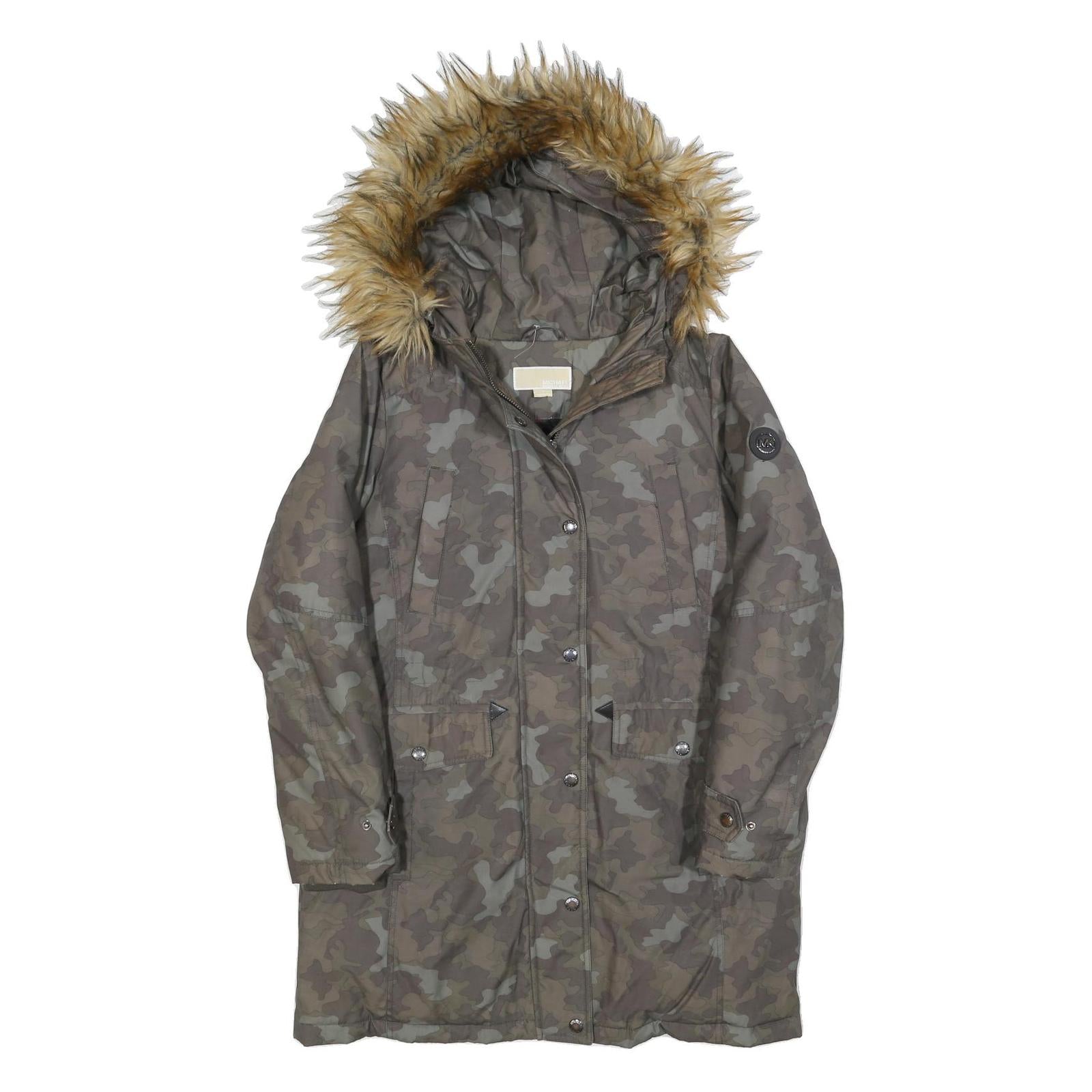 MICHAEL KORS Womens Green & Beige Camo Outdoor Jacket M Polyester Blend Zip