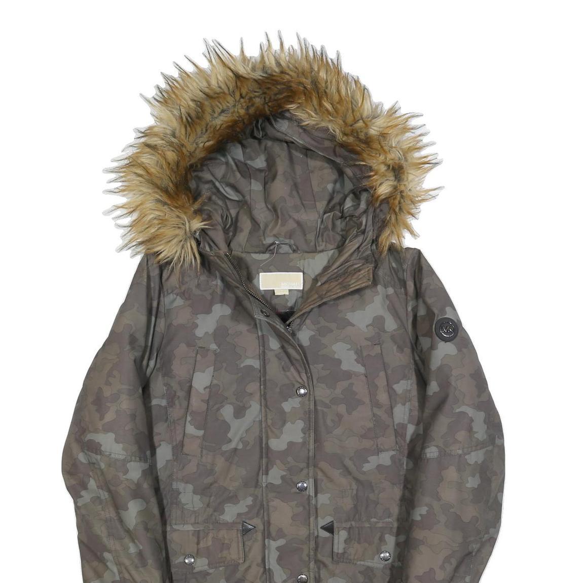 MICHAEL KORS Womens Green & Beige Camo Outdoor Jacket M Polyester Blend Zip