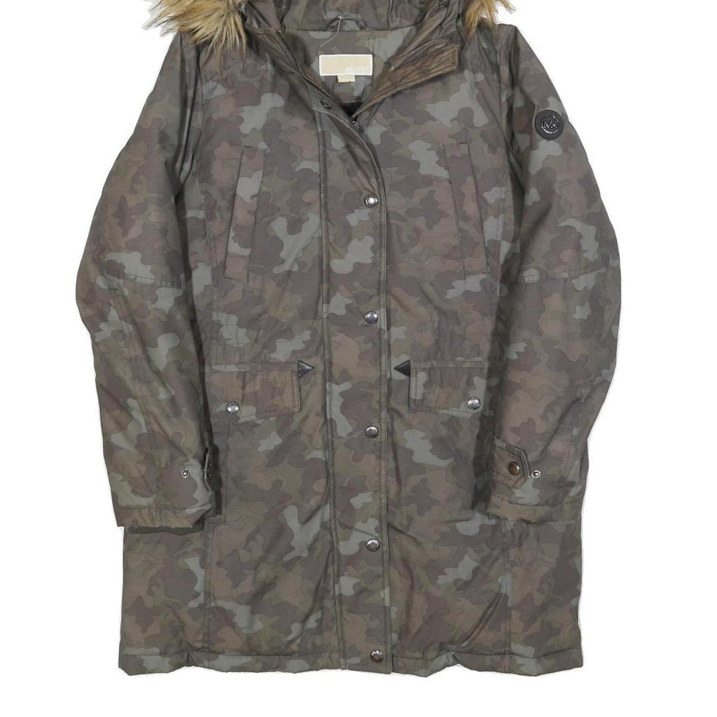 MICHAEL KORS Womens Green & Beige Camo Outdoor Jacket M Polyester Blend Zip