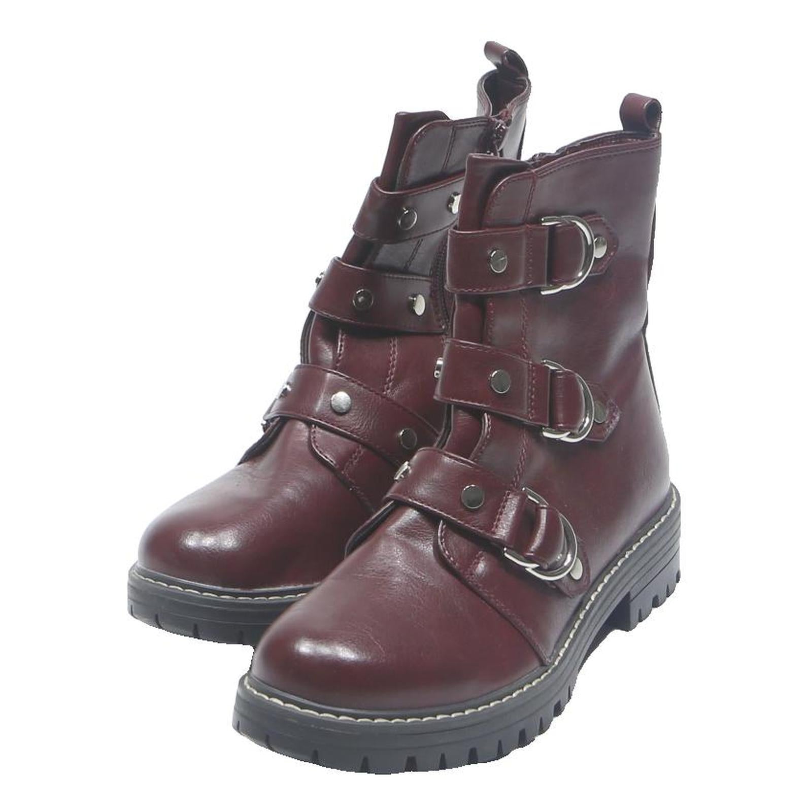 KOHL'S Womens Red Leather Ankle Boots UK 7 Stylish Buckle Detail Zip Up