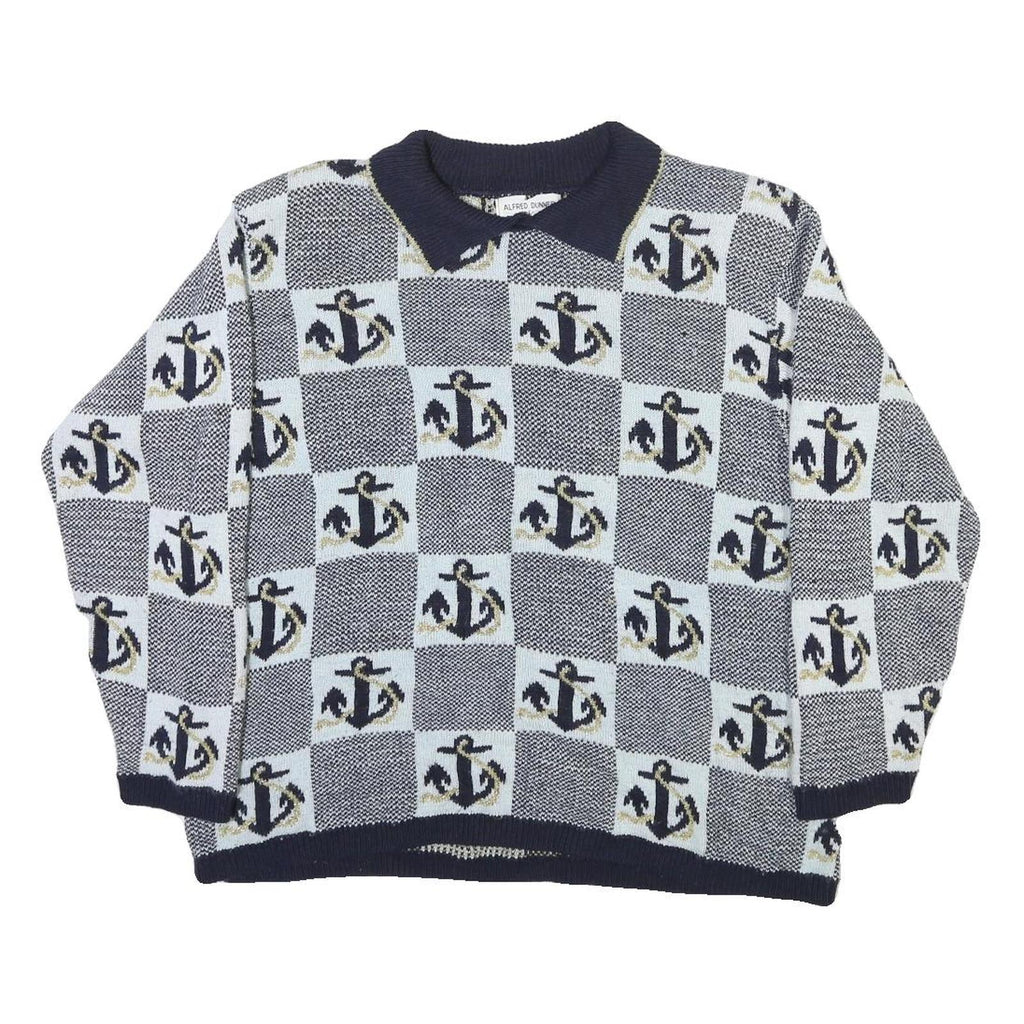 ALFRED DUNNER Womens Navy Blue & Light Blue Anchor Patterned Jumper Collared