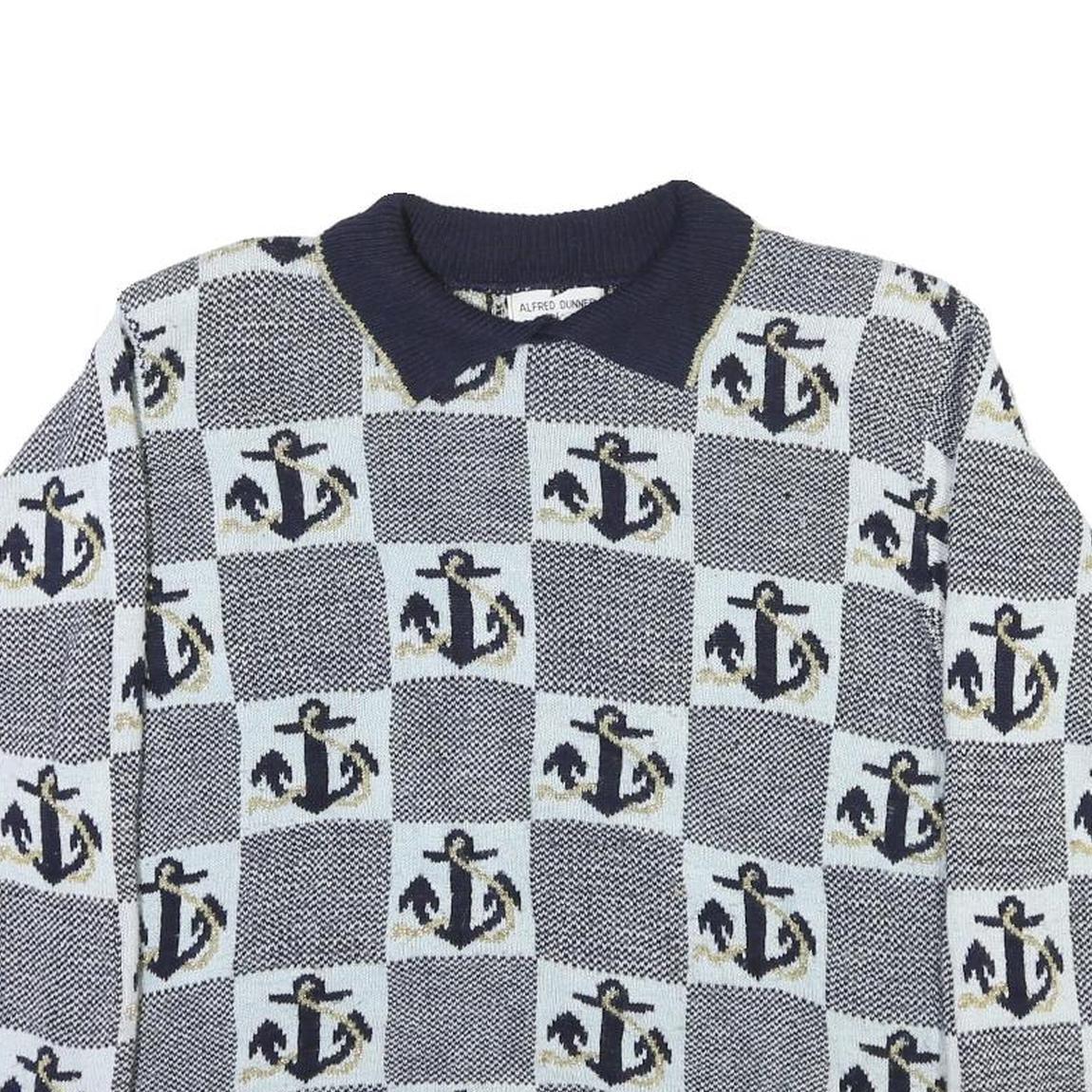 ALFRED DUNNER Womens Navy Blue & Light Blue Anchor Patterned Jumper Collared