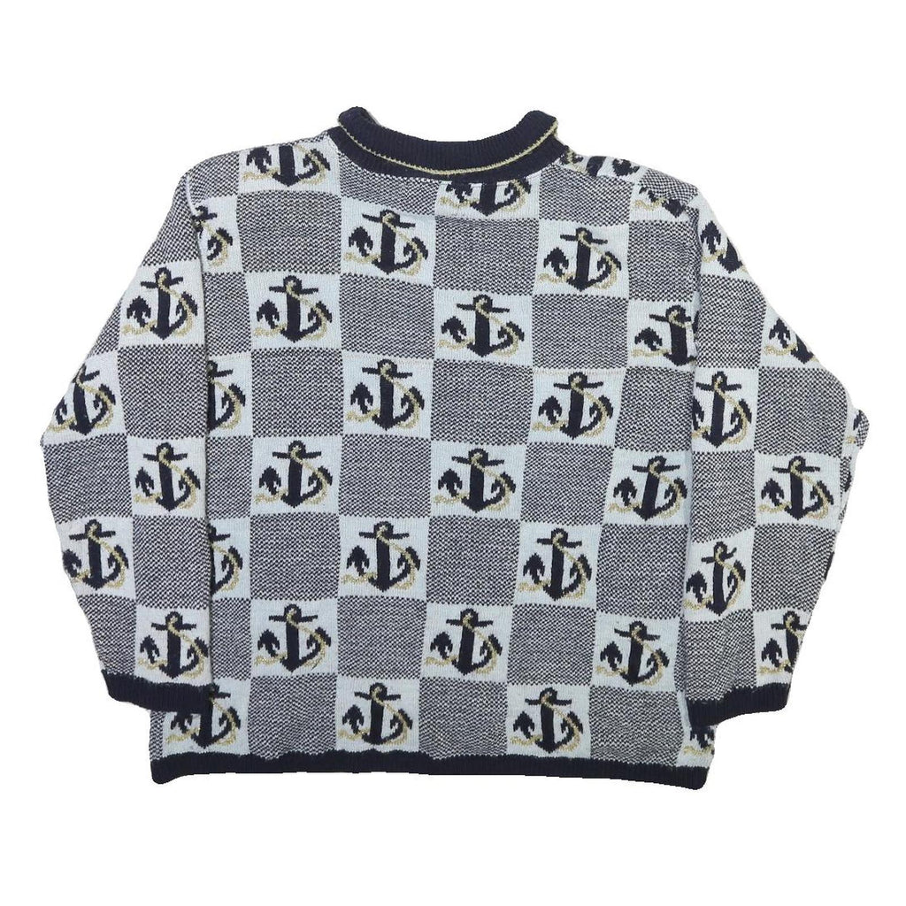 ALFRED DUNNER Womens Navy Blue & Light Blue Anchor Patterned Jumper Collared