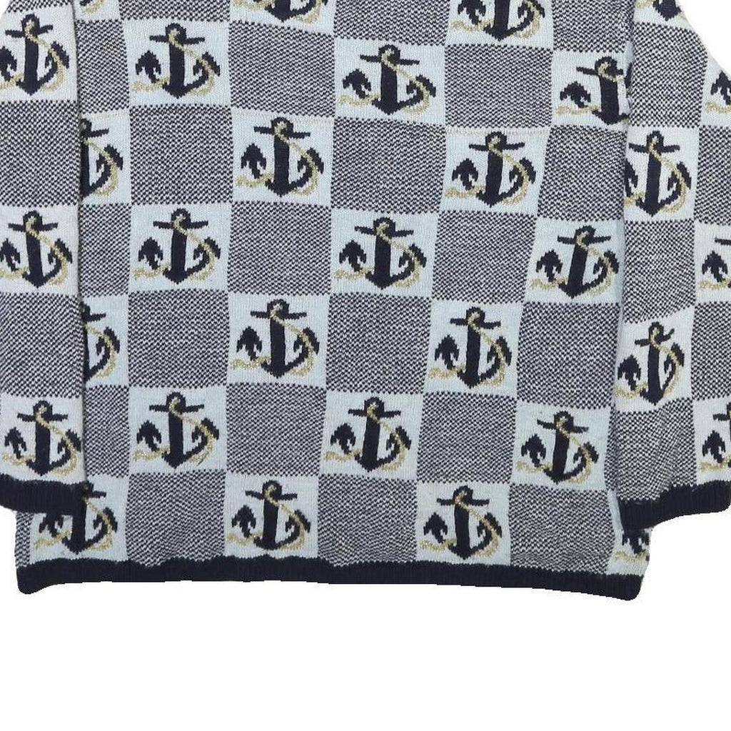 ALFRED DUNNER Womens Navy Blue & Light Blue Anchor Patterned Jumper Collared