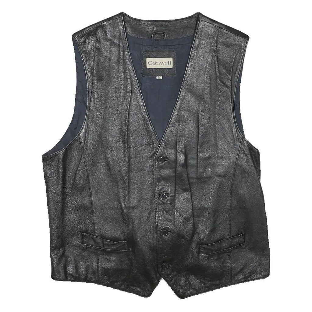 CONWELL Mens Black Leather Waistcoat XL Button Woven Classic Vest