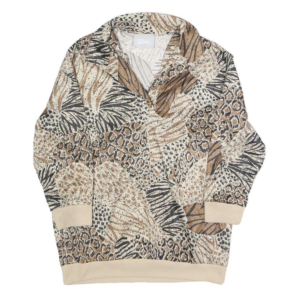 BLAIR Womens Beige Animal Print Printed Top Long Sleeve Collared S Polyester