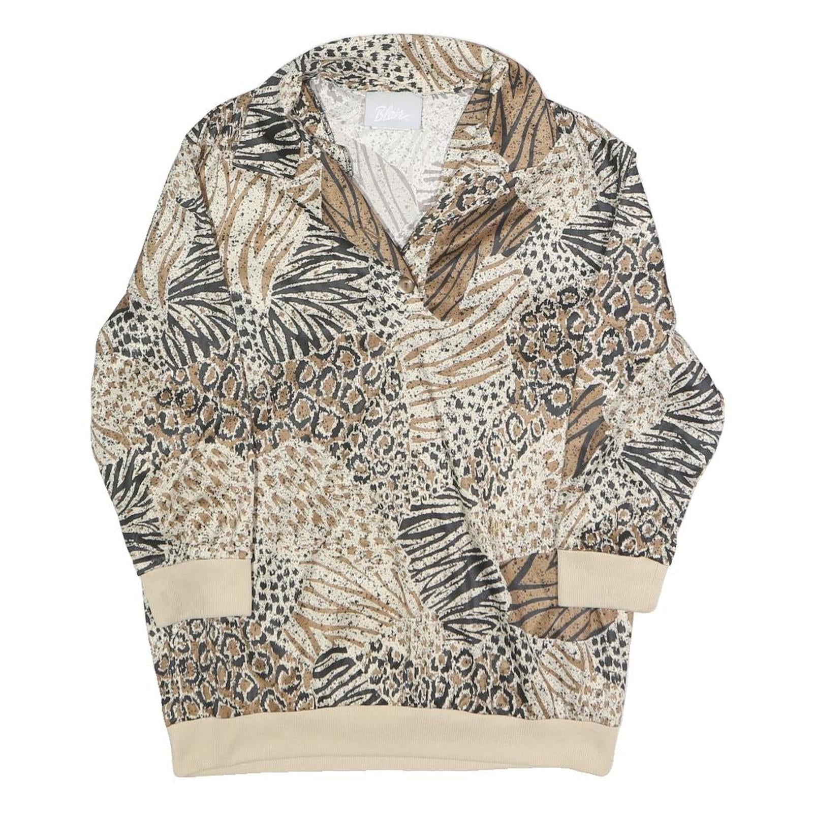 BLAIR Womens Beige Animal Print Printed Top Long Sleeve Collared S Polyester