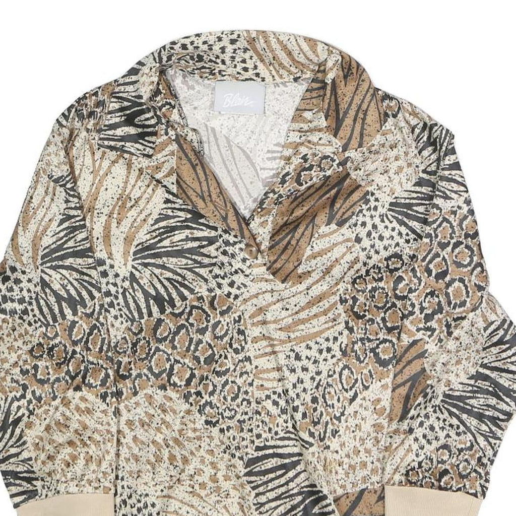 BLAIR Womens Beige Animal Print Printed Top Long Sleeve Collared S Polyester
