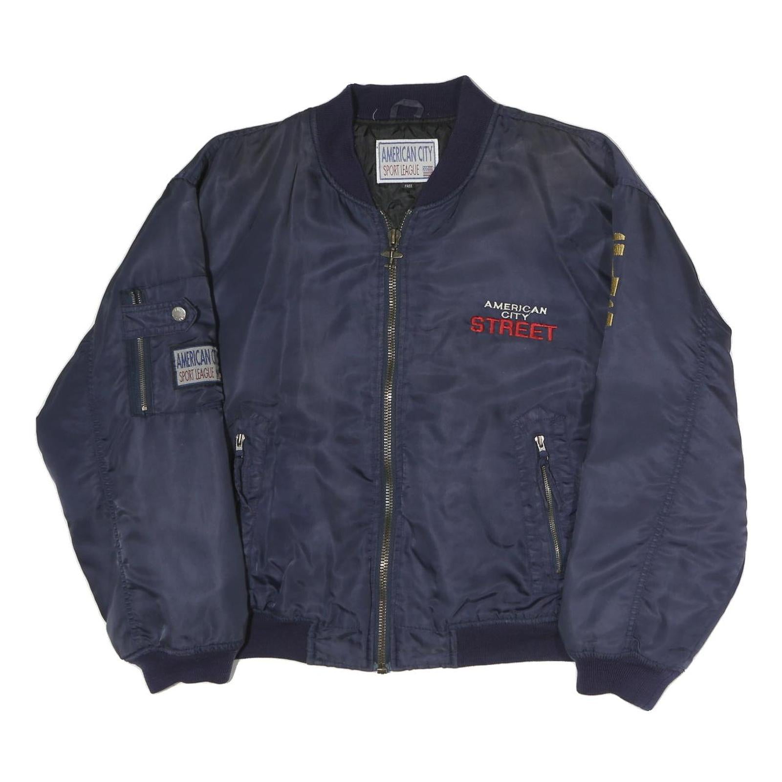 American City Mens Navy Blue Street Logo Bomber Jacket L Polyester Zip