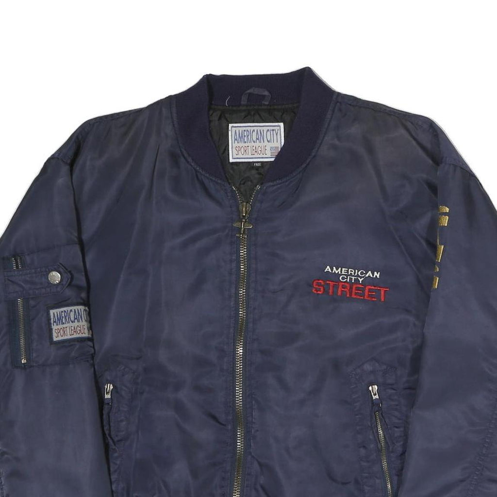 American City Mens Navy Blue Street Logo Bomber Jacket L Polyester Zip