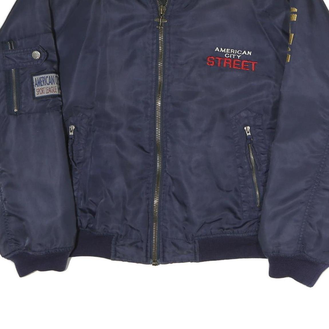 American City Mens Navy Blue Street Logo Bomber Jacket L Polyester Zip