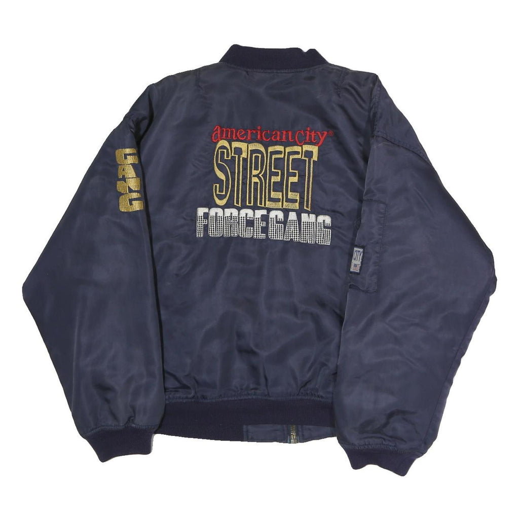 American City Mens Navy Blue Street Logo Bomber Jacket L Polyester Zip