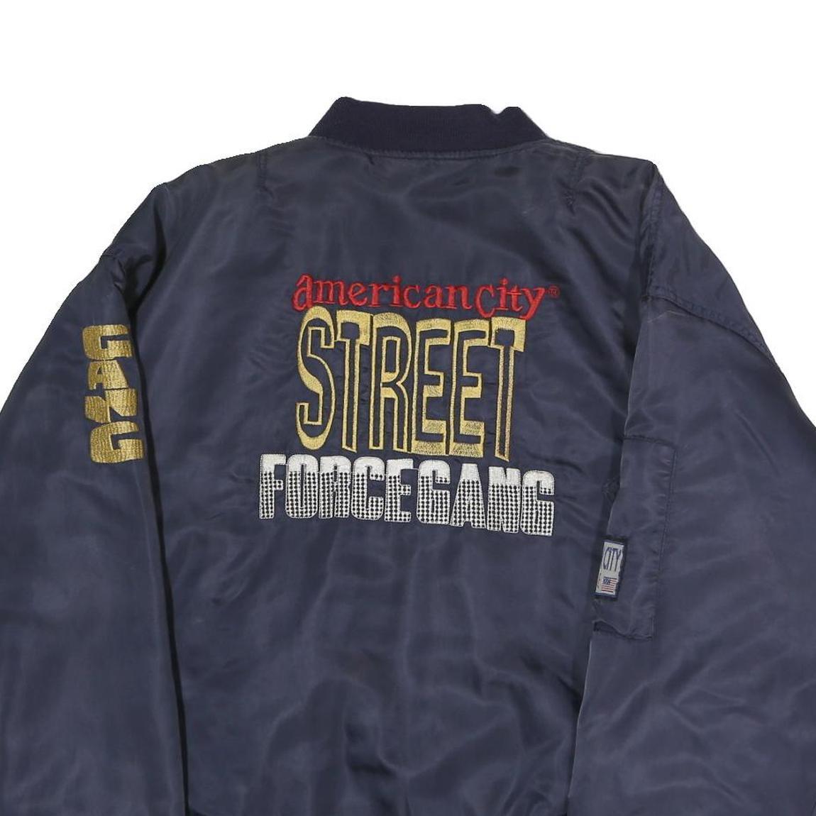 American City Mens Navy Blue Street Logo Bomber Jacket L Polyester Zip