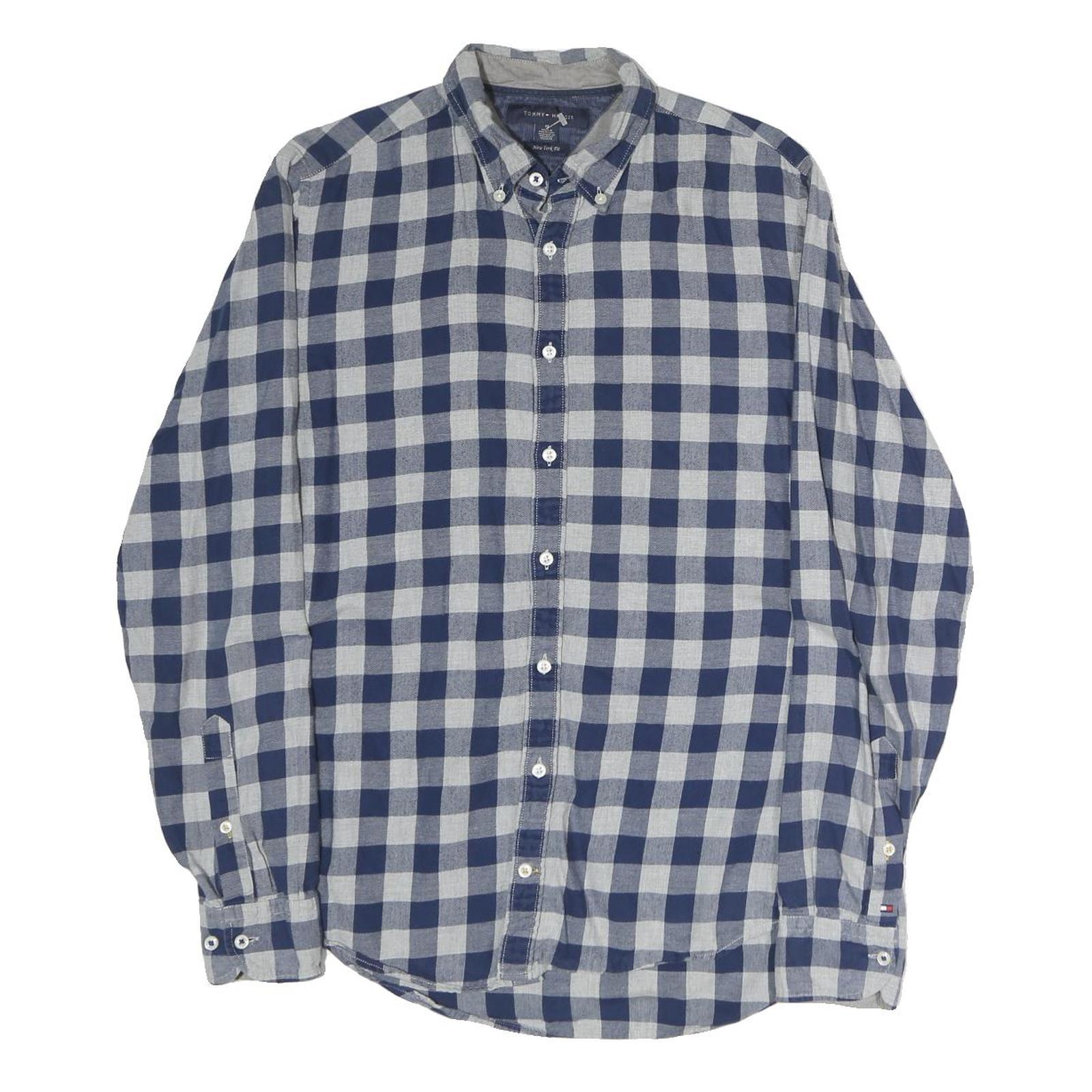 TOMMY HILFIGER Mens Blue & Grey Check Shirt M Casual Cotton Button Down