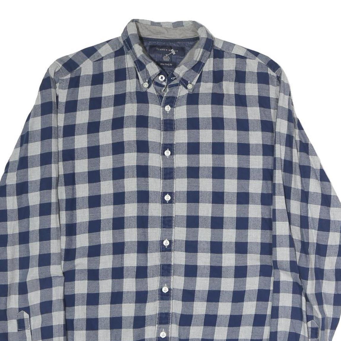 TOMMY HILFIGER Mens Blue & Grey Check Shirt M Casual Cotton Button Down