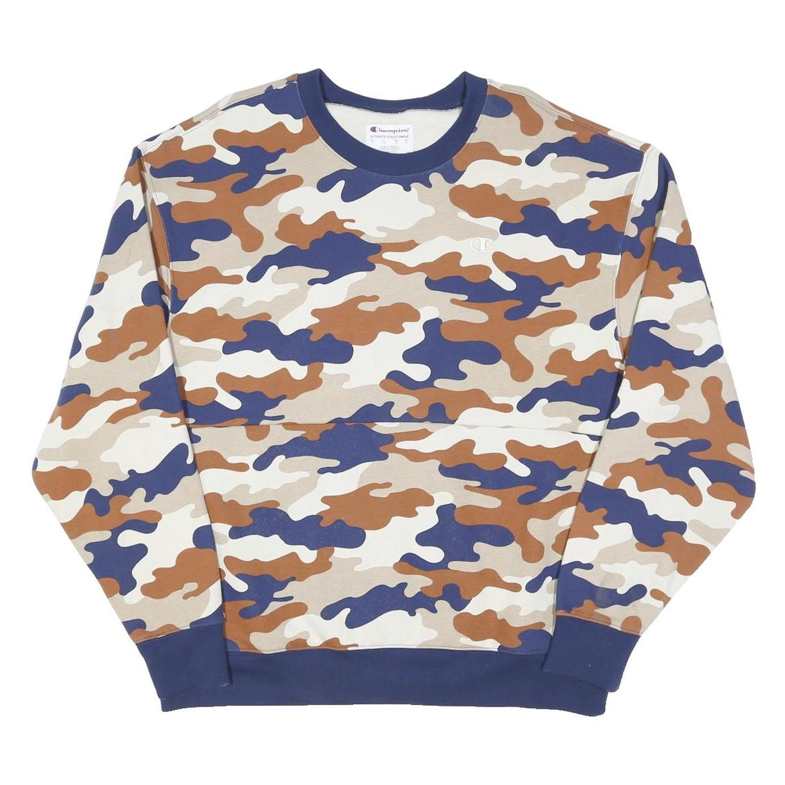 CHAMPION Mens Blue & Brown Camo Crew Neck XL Cotton Blend Sweatshirt