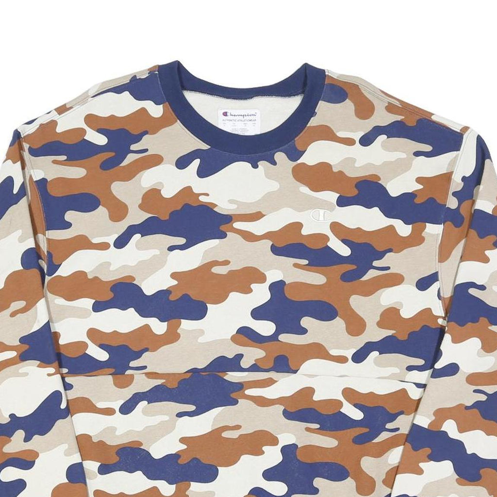 CHAMPION Mens Blue & Brown Camo Crew Neck XL Cotton Blend Sweatshirt