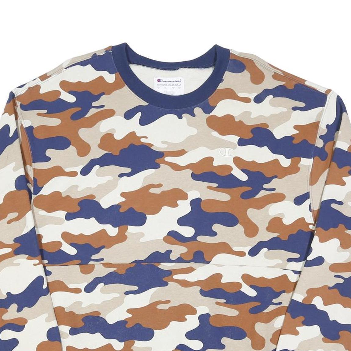CHAMPION Mens Blue & Brown Camo Crew Neck XL Cotton Blend Sweatshirt