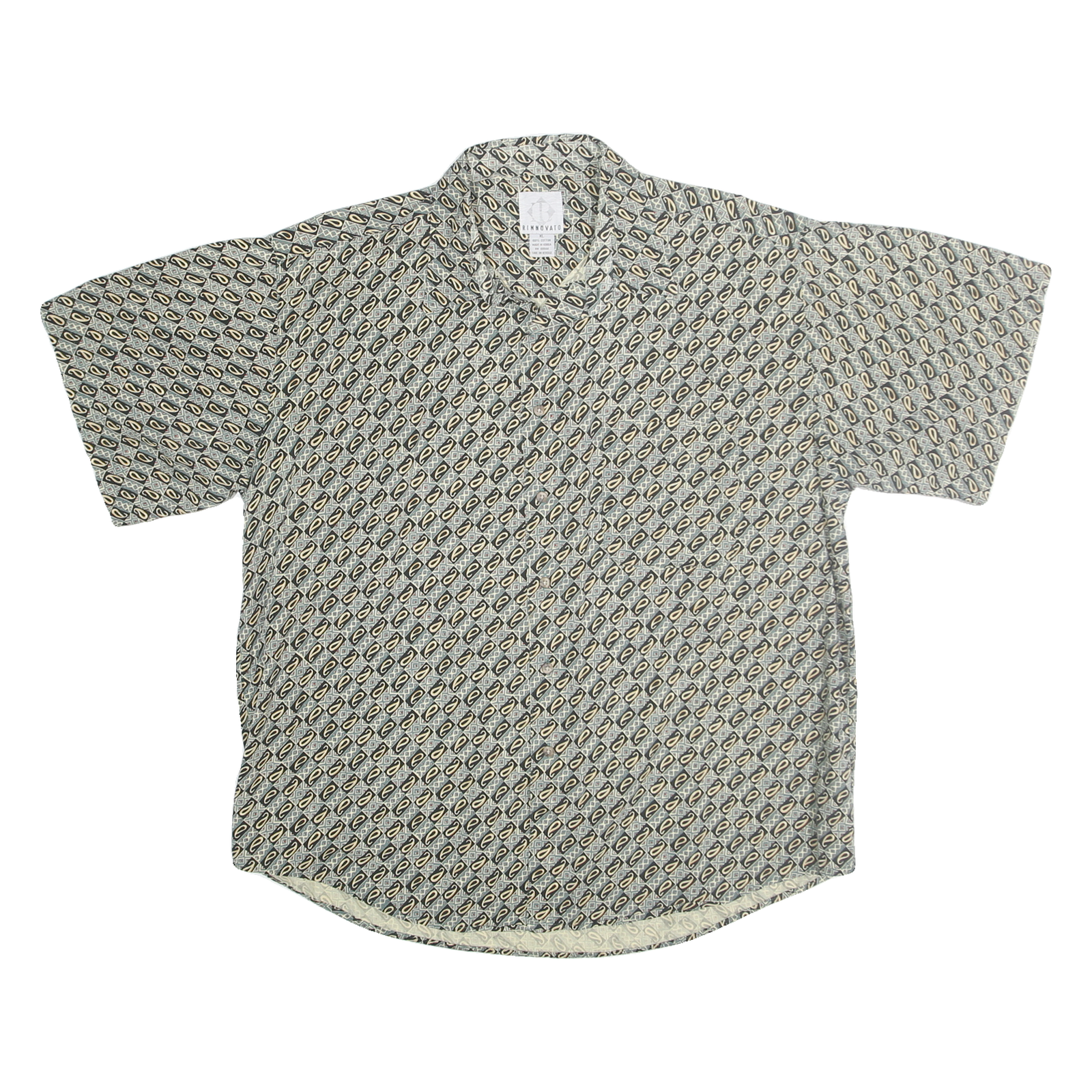RINNOVATO Mens Grey & Cream Patterned Cotton Shirt XL Short Sleeve Casual