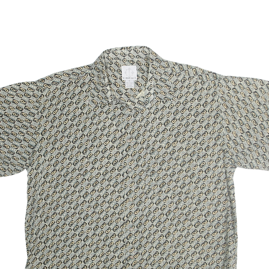 RINNOVATO Mens Grey & Cream Patterned Cotton Shirt XL Short Sleeve Casual