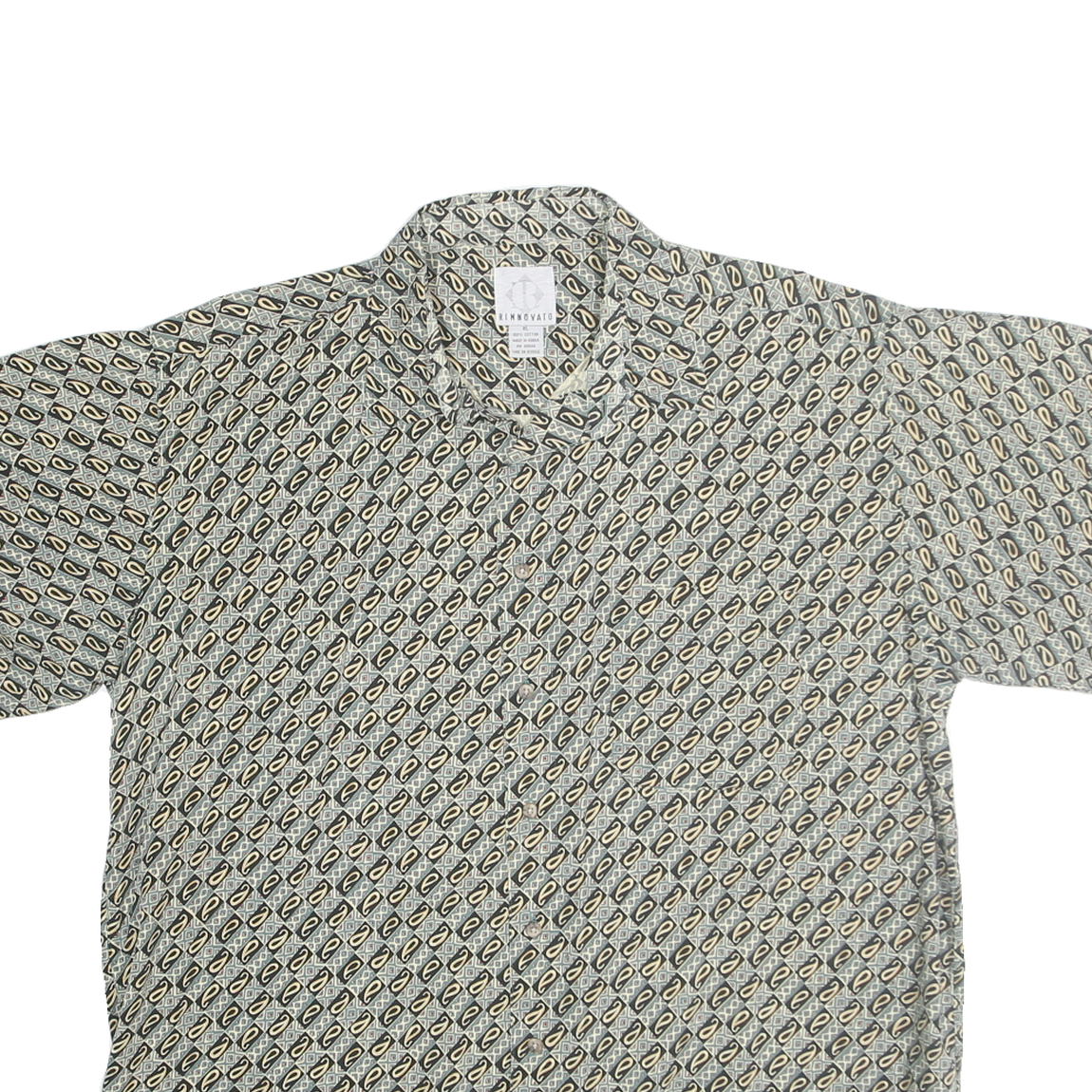 RINNOVATO Mens Grey & Cream Patterned Cotton Shirt XL Short Sleeve Casual