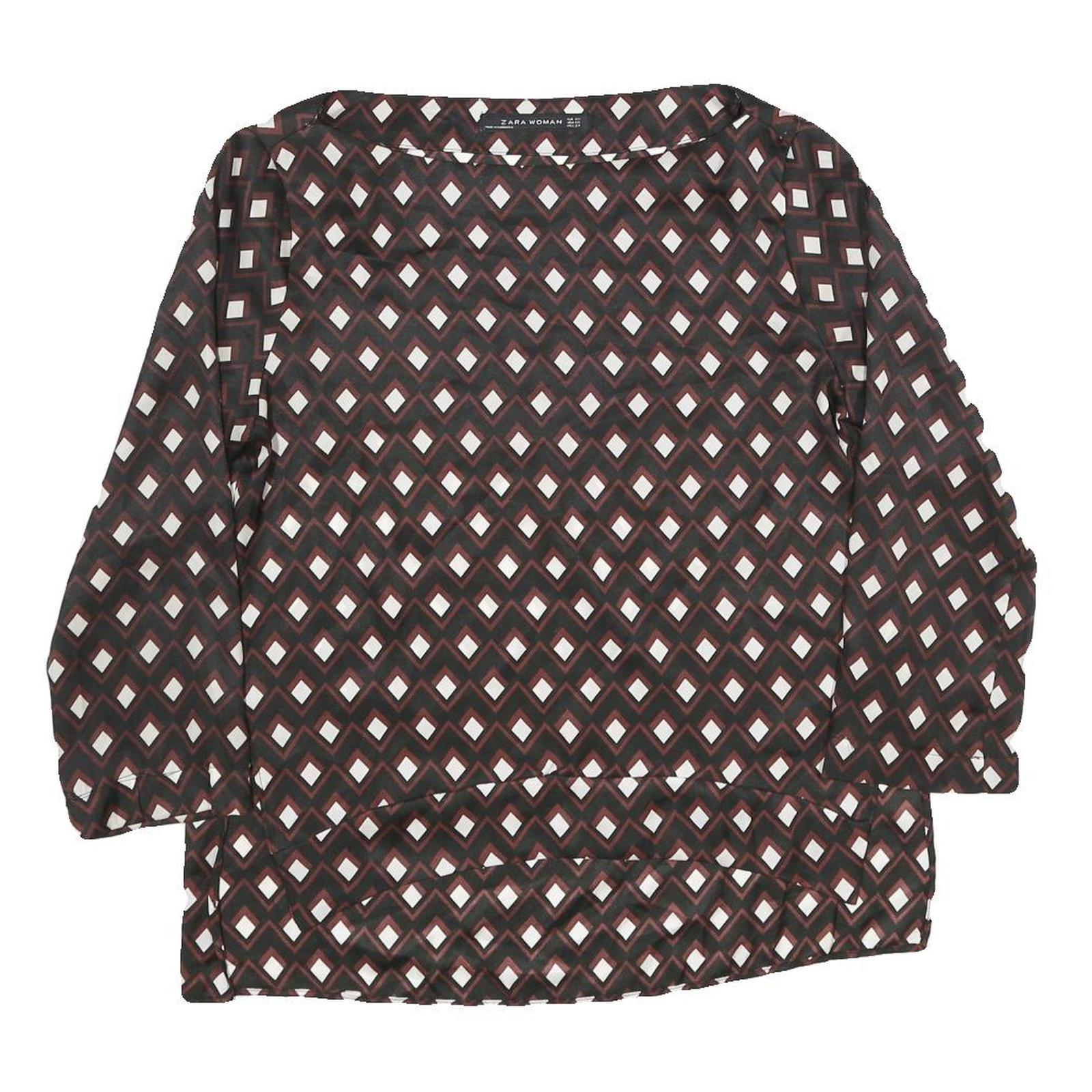 ZARA Womens Brown & Cream Printed Blouse Long Sleeve Round Neck XS Top Geometric
