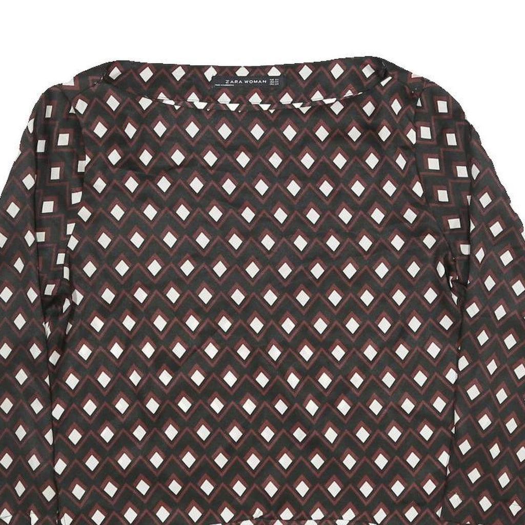 ZARA Womens Brown & Cream Printed Blouse Long Sleeve Round Neck XS Top Geometric