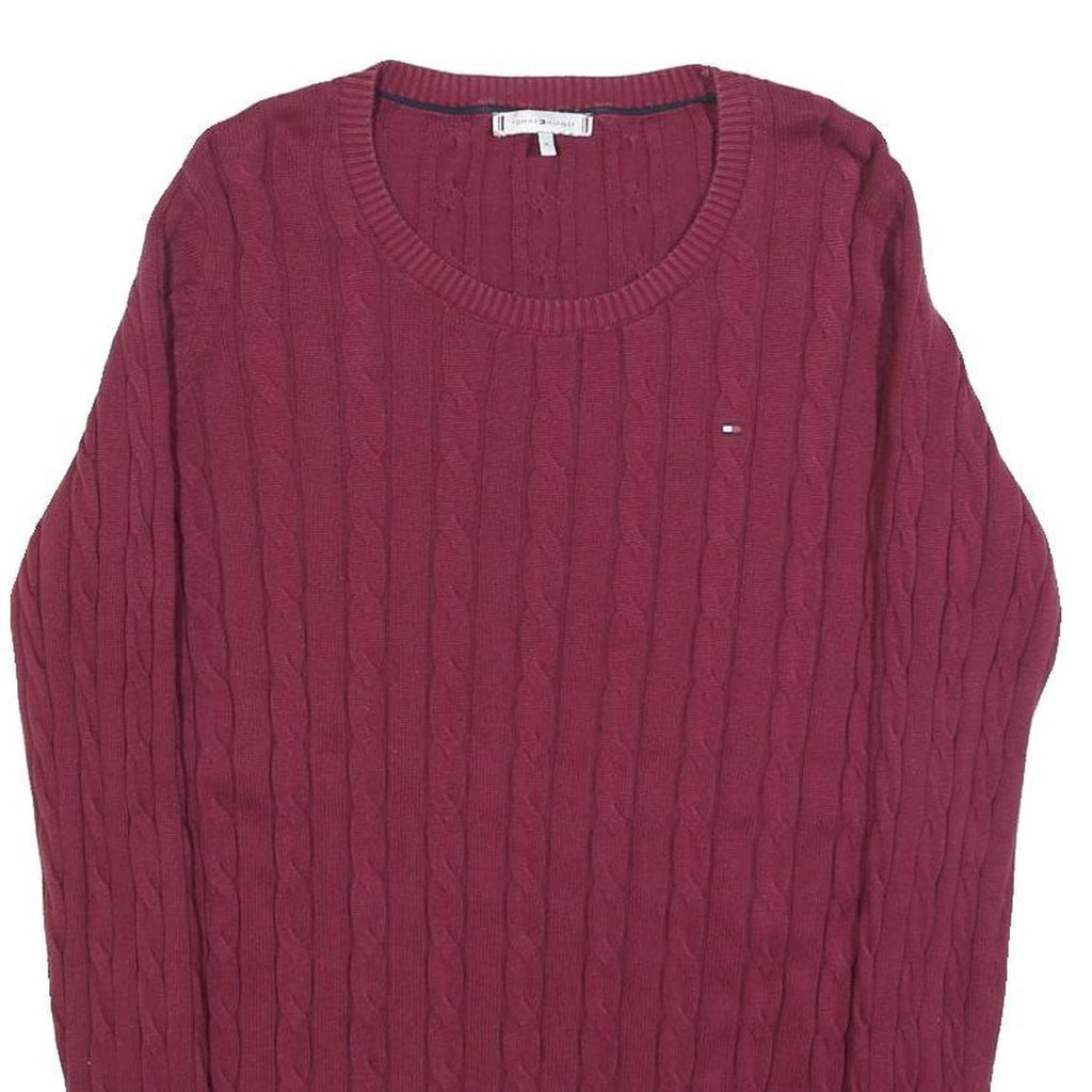 TOMMY HILFIGER Womens Maroon Patterned Jumper Crew Neck Cable Knit M Cotton