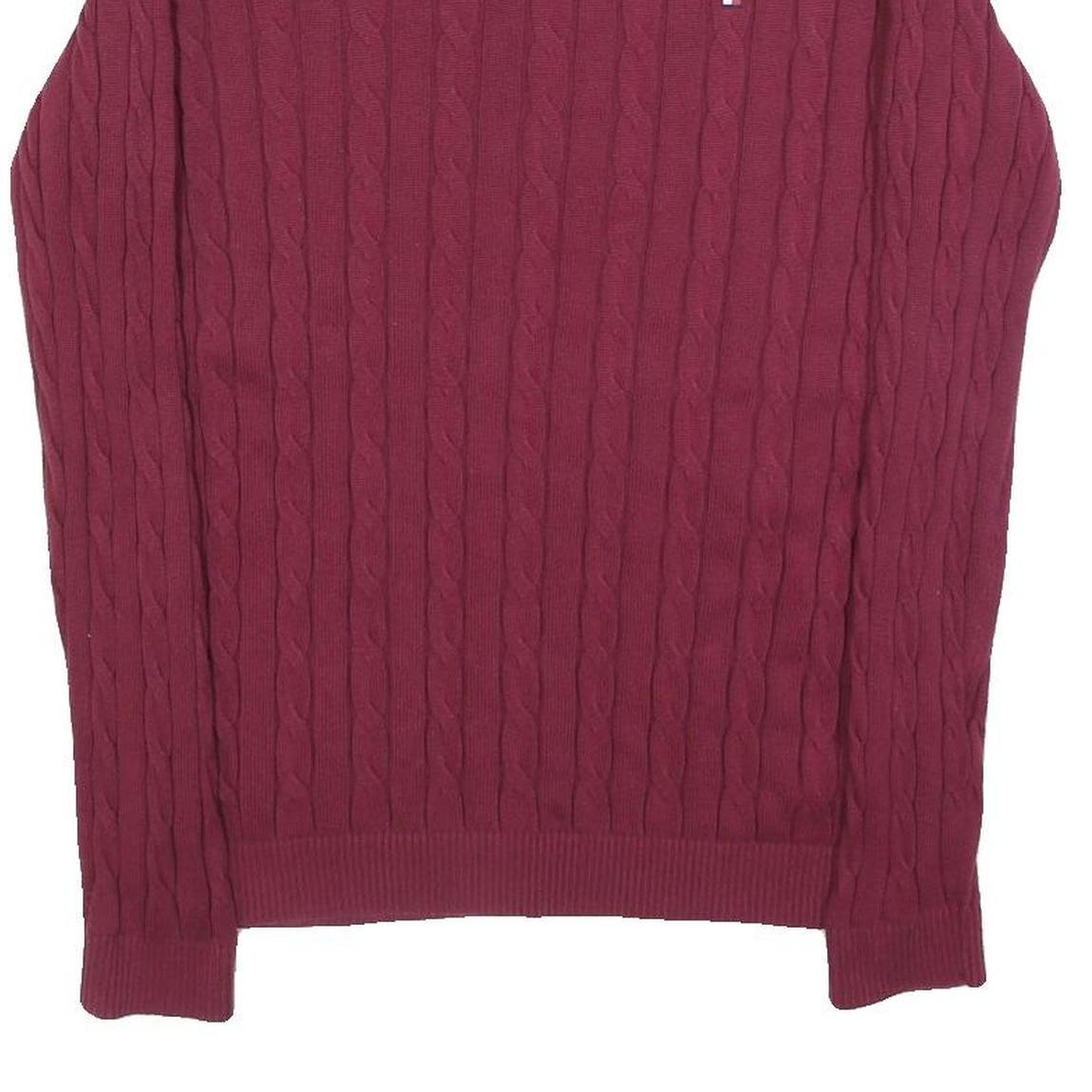 TOMMY HILFIGER Womens Maroon Patterned Jumper Crew Neck Cable Knit M Cotton