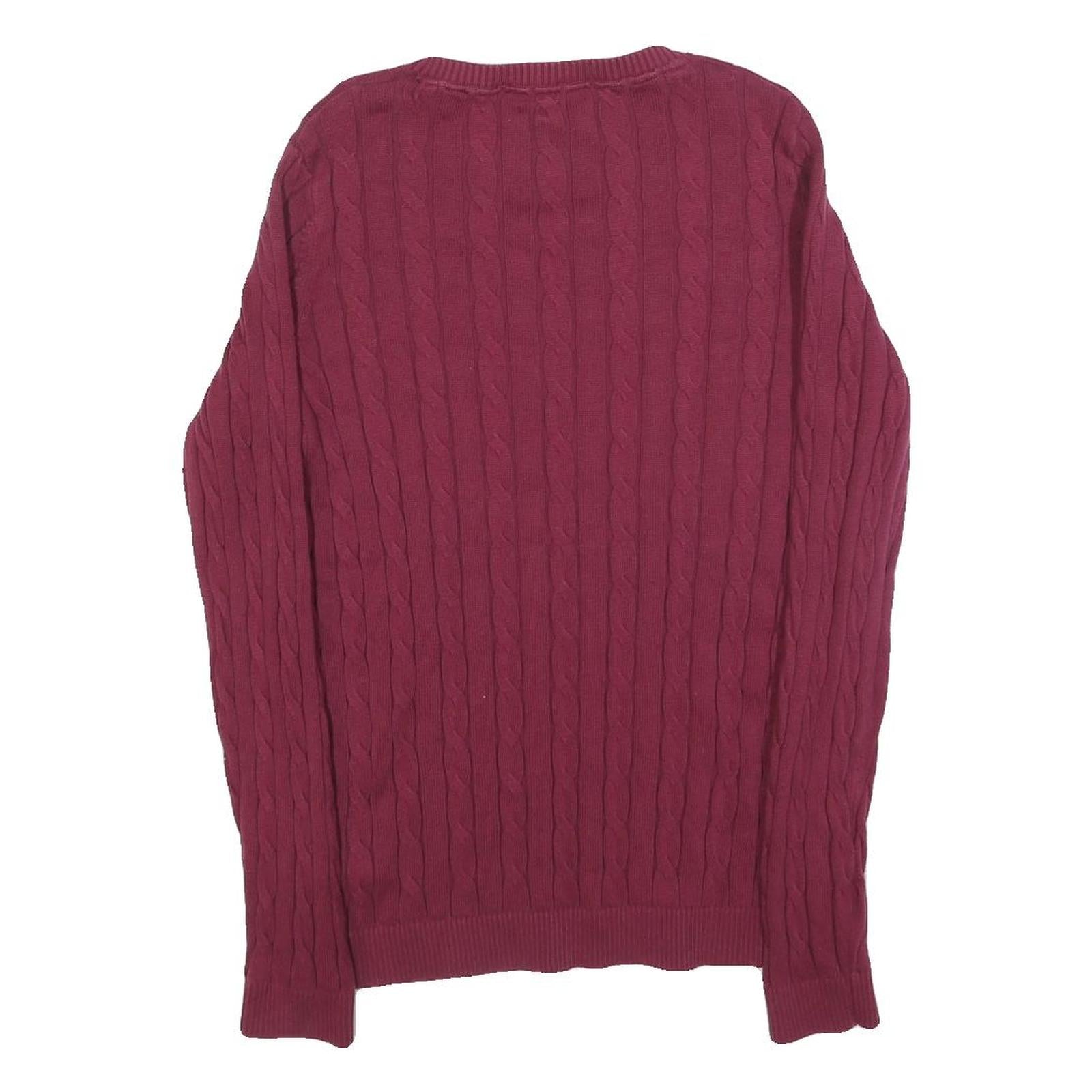 TOMMY HILFIGER Womens Maroon Patterned Jumper Crew Neck Cable Knit M Cotton