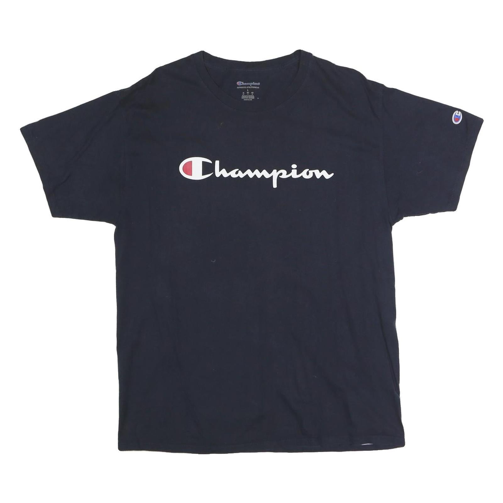 CHAMPION Mens Black Classic Logo T-Shirt L Short Sleeve Crew Neck Cotton