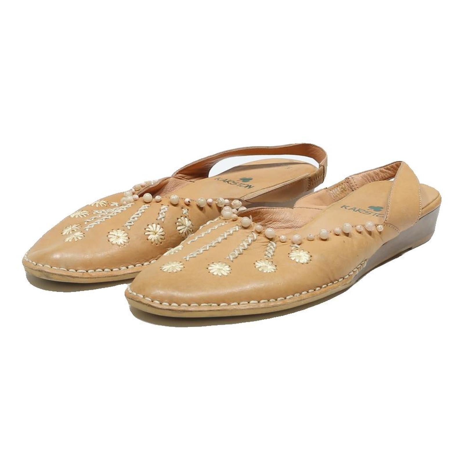 KARSTON Womens Slingback Leather Beige UK 4.5 Embroidered Footwear Comfortable