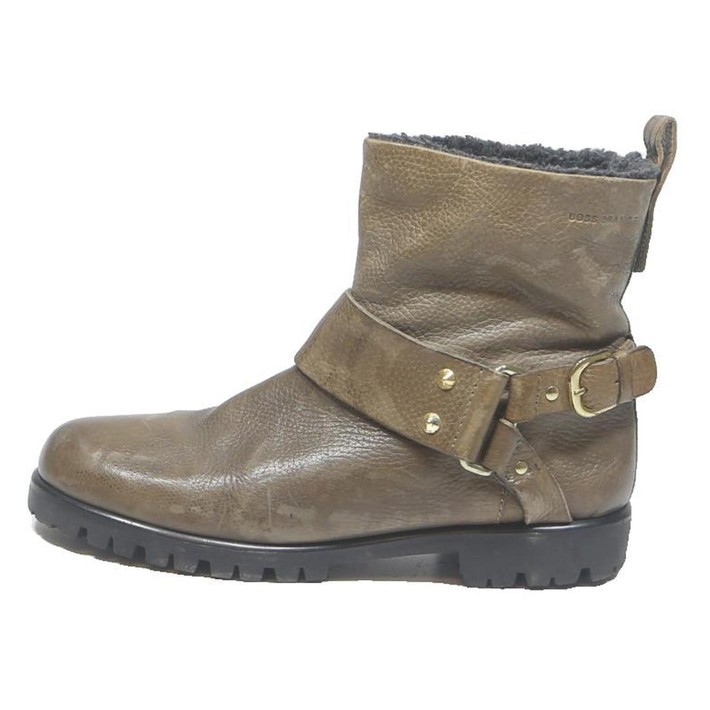 BOSS ORANGE Womens Ankle Boots Brown Leather UK 6 Studded Buckle Casual