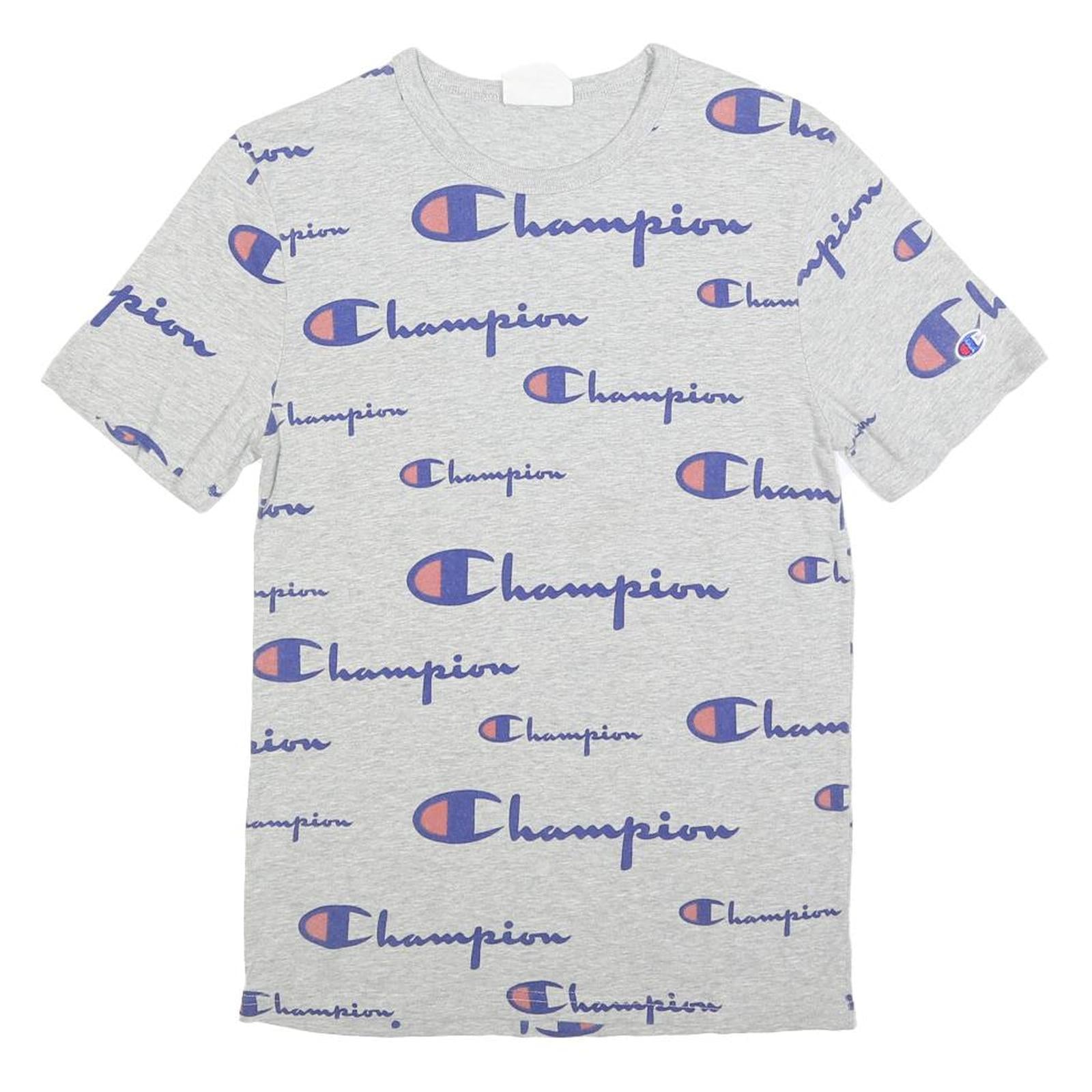 CHAMPION Mens Grey All Over Logo Print T-Shirt XS Short Sleeve Crew Neck Cotton