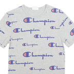 CHAMPION Mens Grey All Over Logo Print T-Shirt XS Short Sleeve Crew Neck Cotton