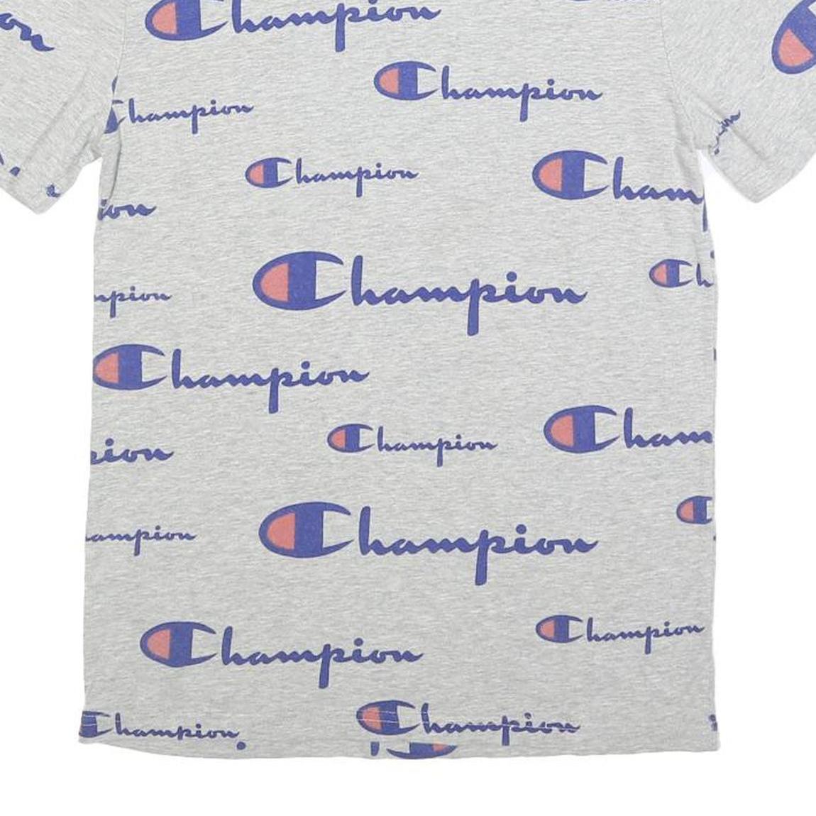 CHAMPION Mens Grey All Over Logo Print T-Shirt XS Short Sleeve Crew Neck Cotton