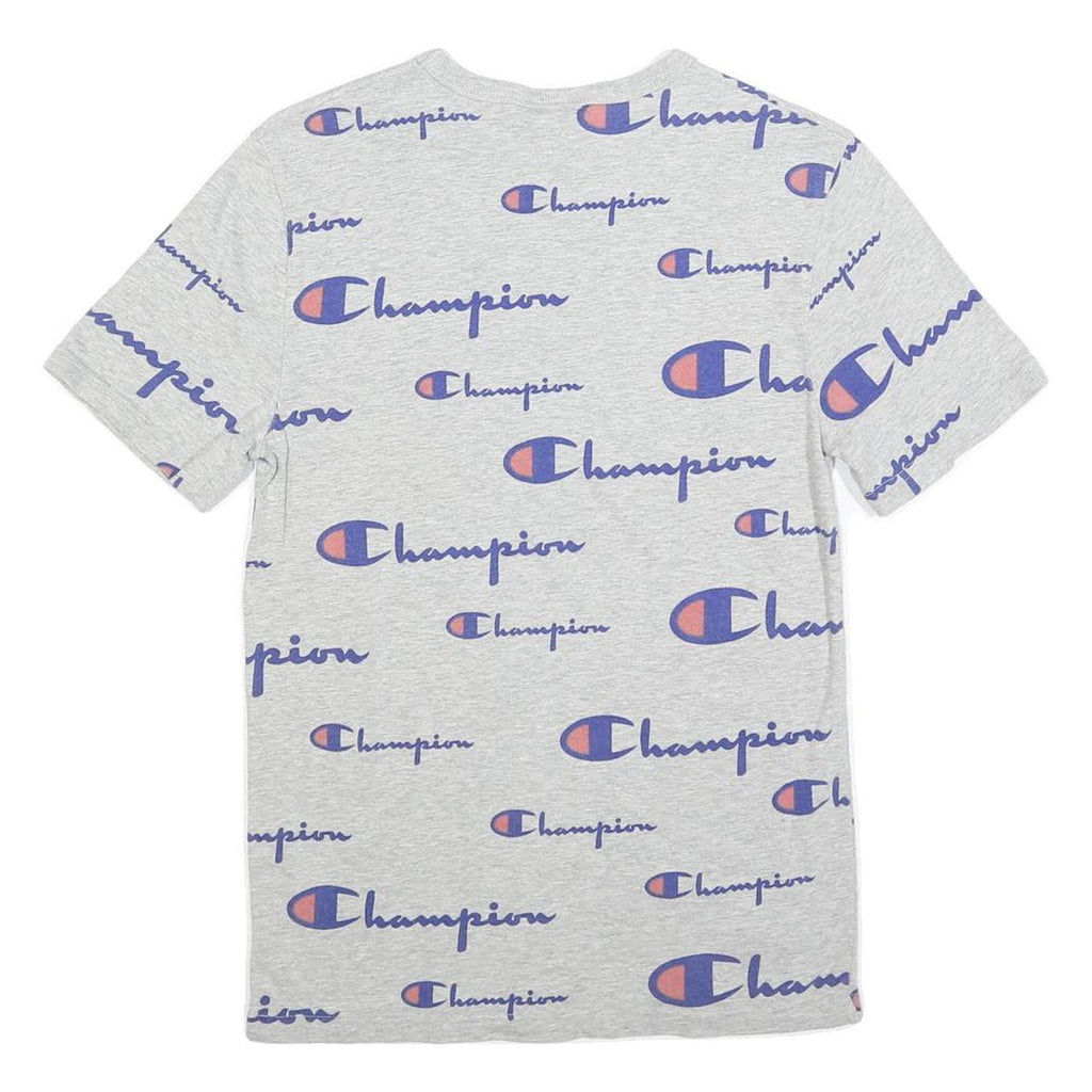 CHAMPION Mens Grey All Over Logo Print T-Shirt XS Short Sleeve Crew Neck Cotton