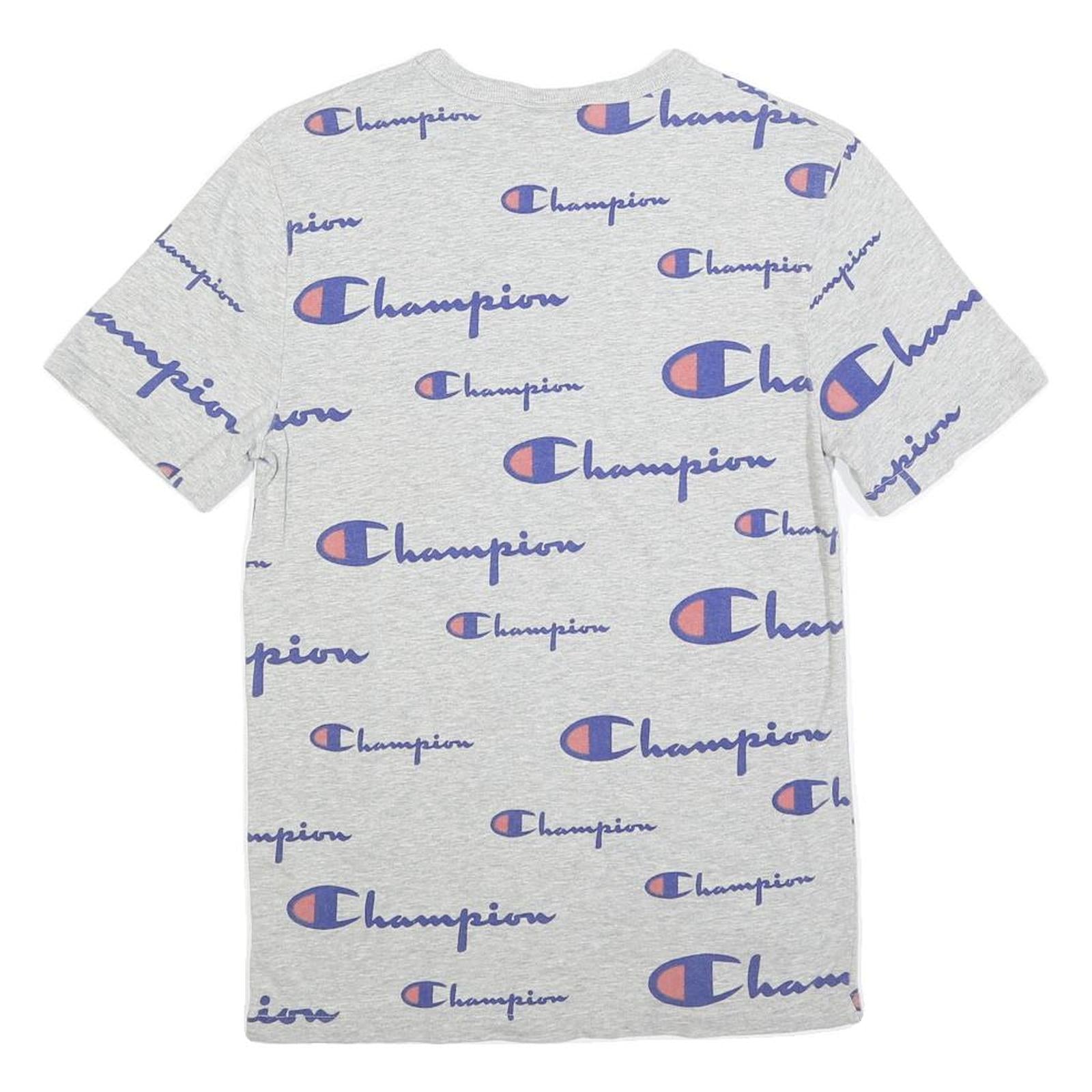 CHAMPION Mens Grey All Over Logo Print T-Shirt XS Short Sleeve Crew Neck Cotton