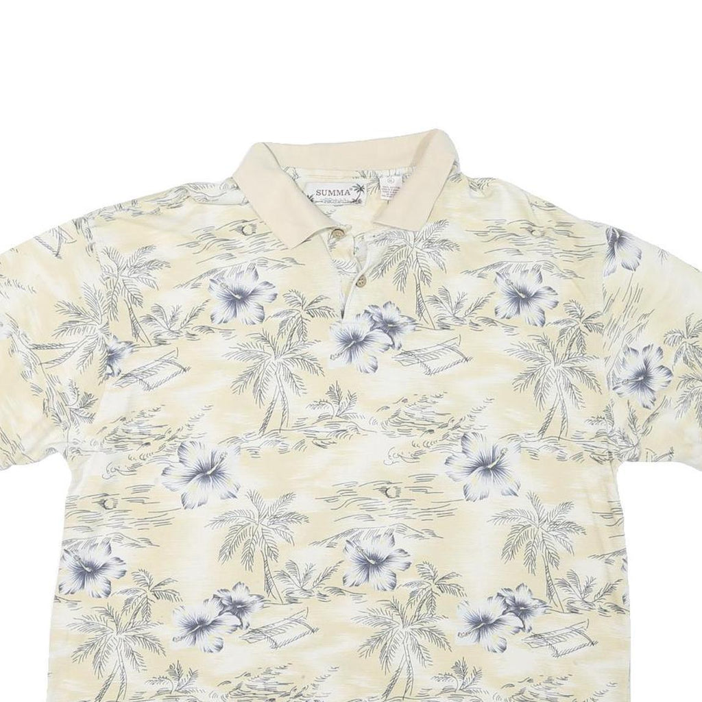 SUMA Womens Cream Floral Palm Tree Short Sleeve Polo Shirt XL Cotton Blend