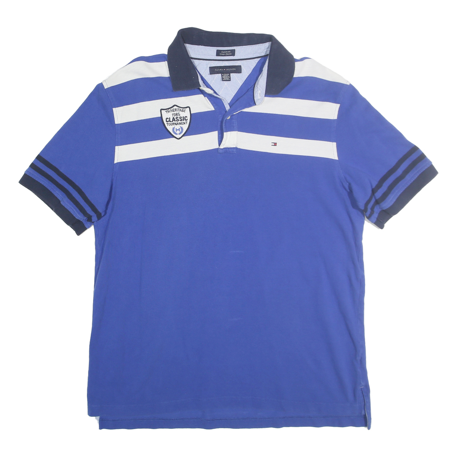 TOMMY HILFIGER Mens Blue & White Striped Classic Heritage XL Polo Shirt Cotton