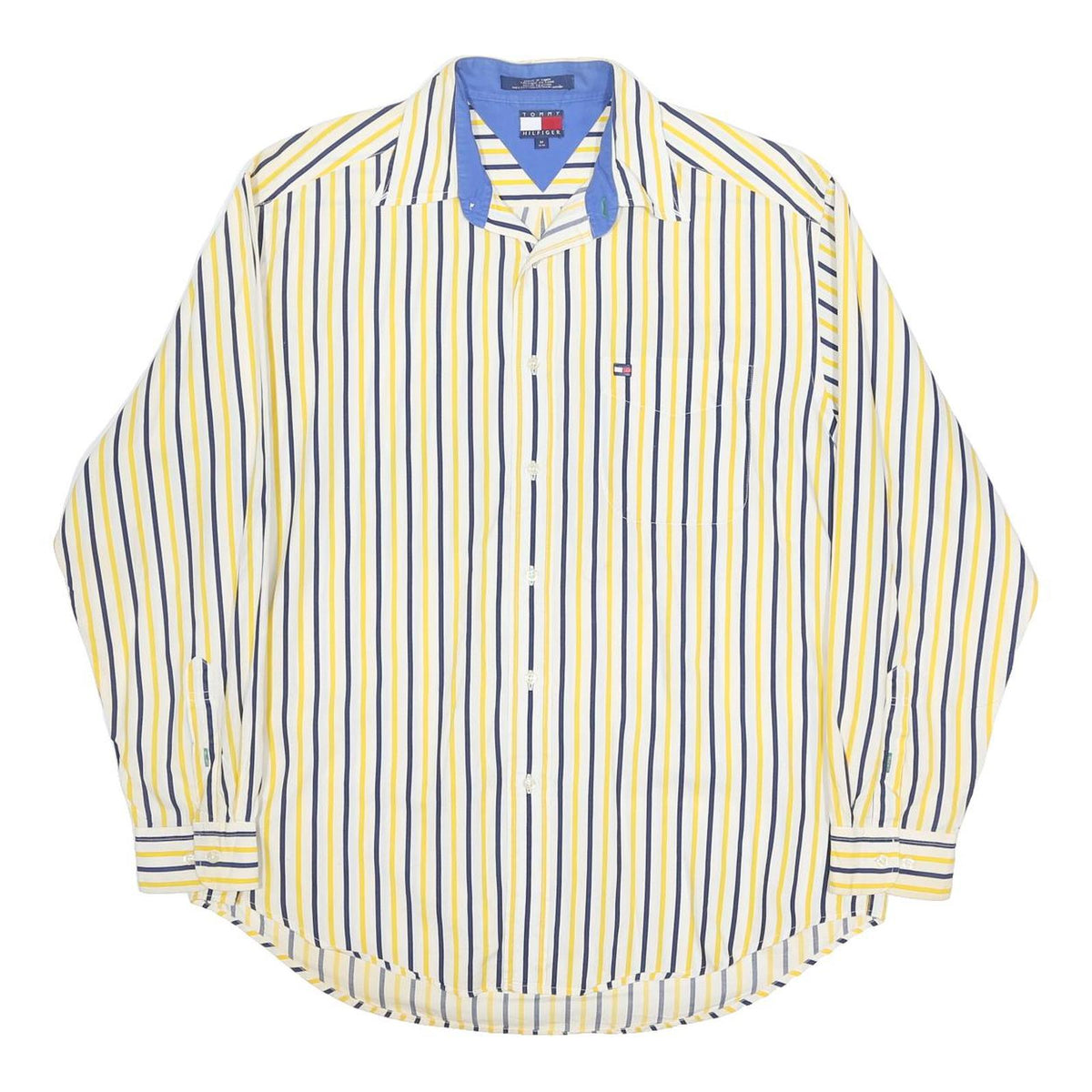 TOMMY HILFIGER Mens Yellow & Blue Striped Cotton Shirt M Long Sleeve Casual